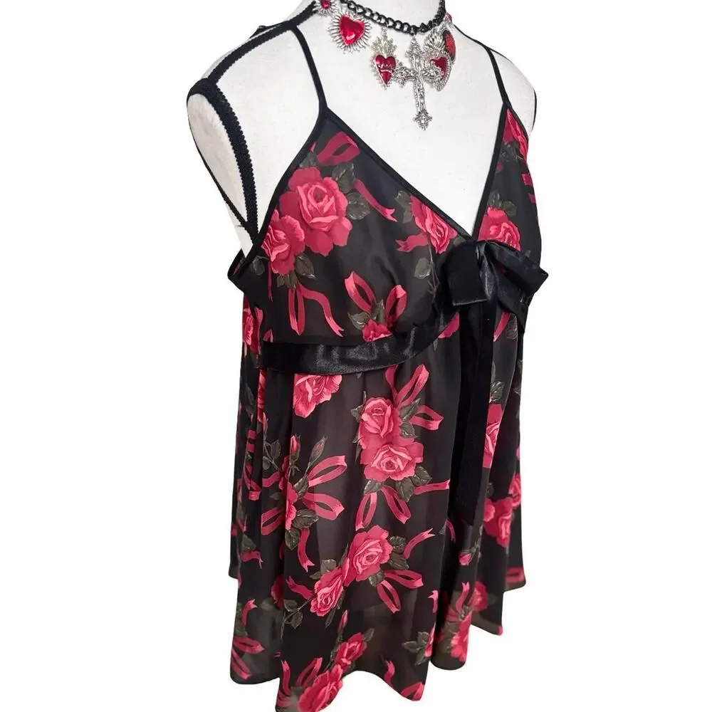 90's y2k vtg. Black Roses Ribbon Baby Doll Sheer Blouse Top‎ Large whimsy goth